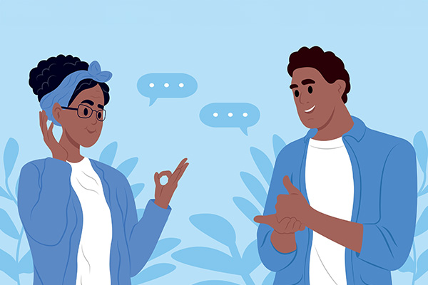 Twee personen die met elkaar wilt communiceren, maar niet lukt wegens auditief beperking.